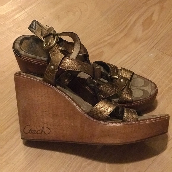Coach Mayra Metallic Leather Wood Platform Wedges - Picture 3 of 4